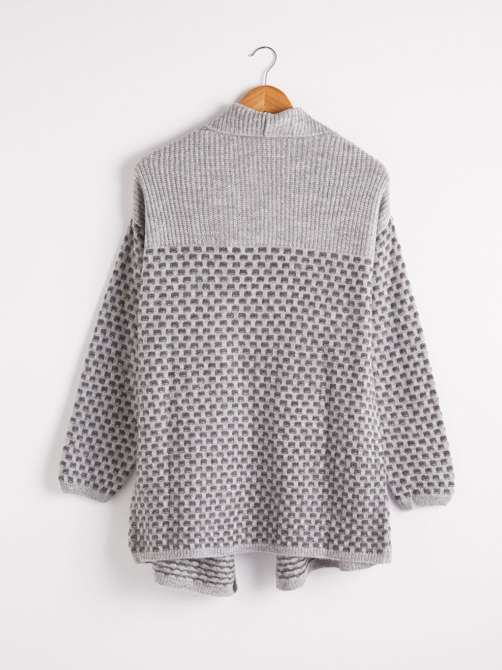 Gri Şal Yaka Uzun Kollu Kadın Triko Hırka-5