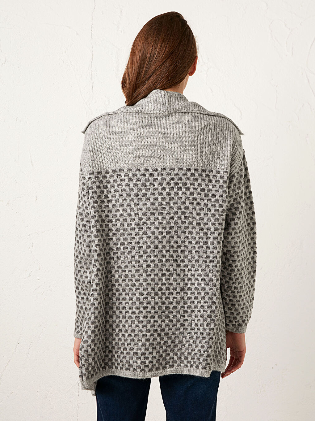 Gri Şal Yaka Uzun Kollu Kadın Triko Hırka-3