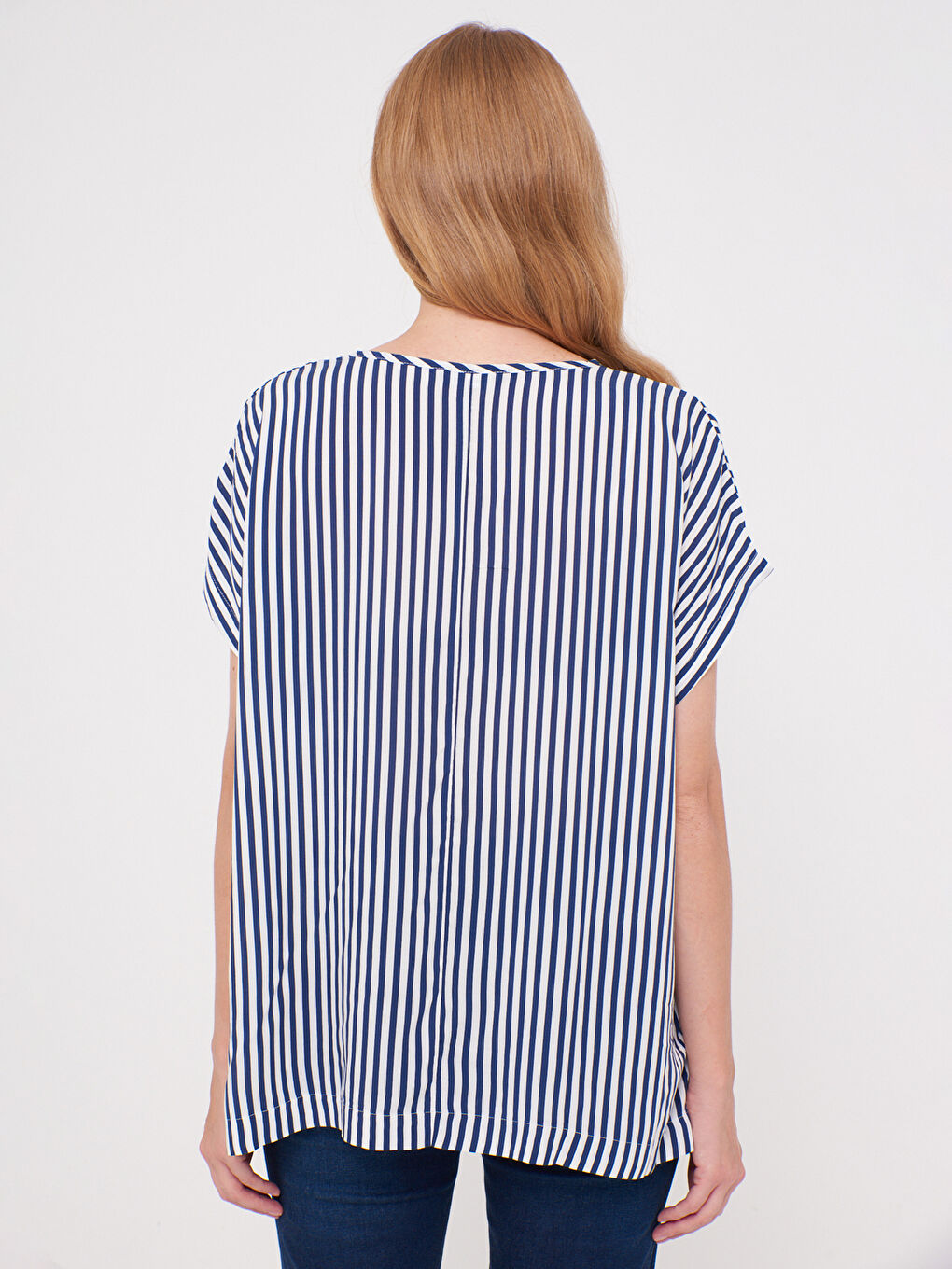Lacivert V Yaka Kısa Çizgili Kollu Kadın Bluz-2