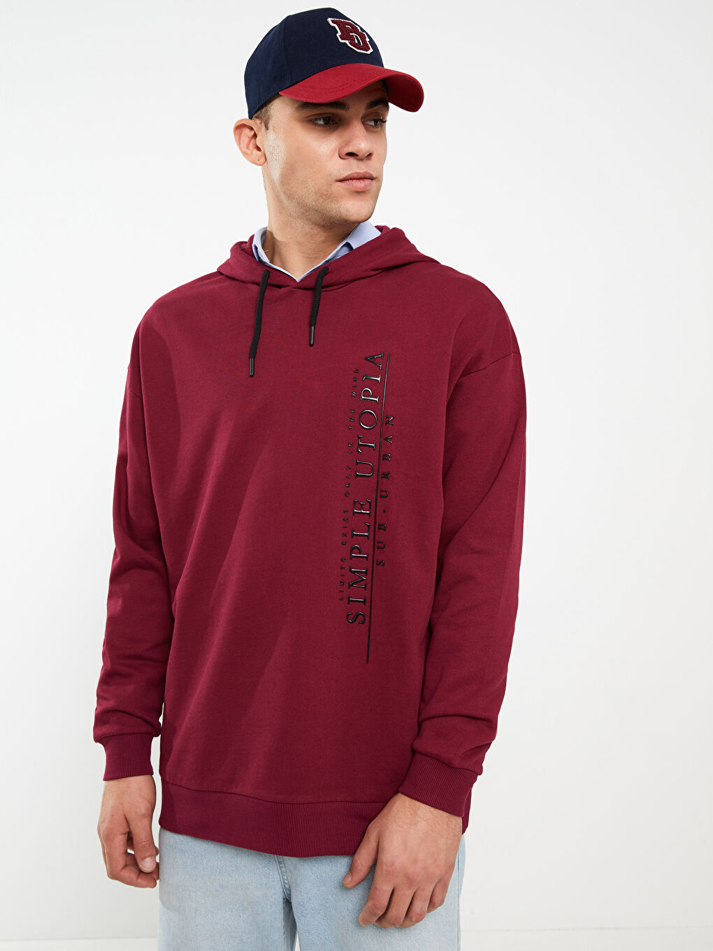Bordo Uzun Kollu Baskılı Kalın Erkek Hoodie