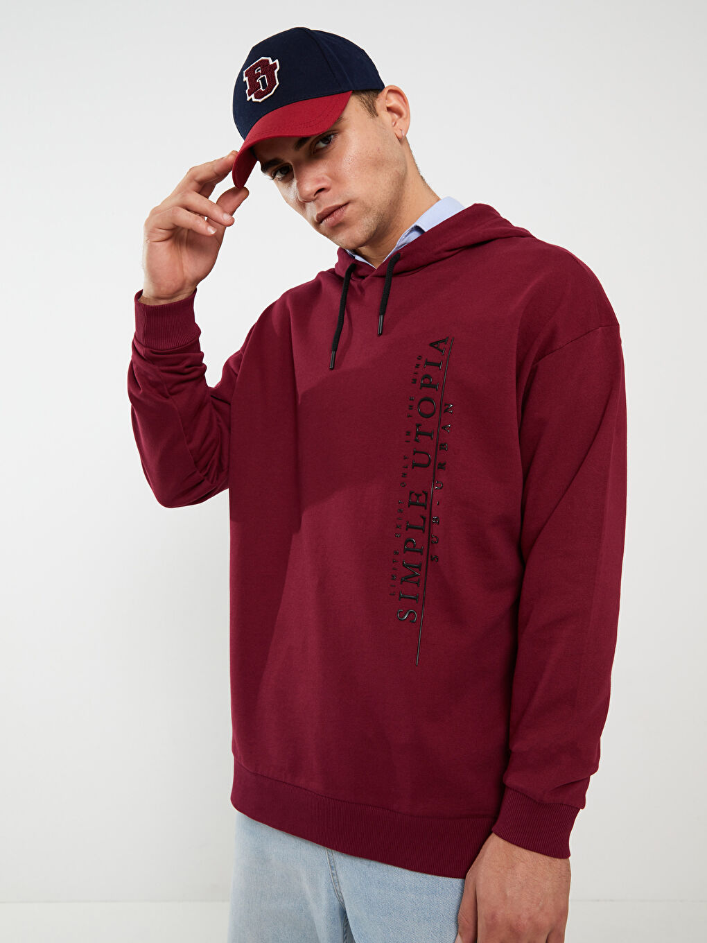 Bordo Uzun Kollu Baskılı Kalın Erkek Hoodie-1