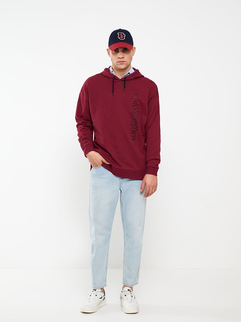 Bordo Uzun Kollu Baskılı Kalın Erkek Hoodie-2