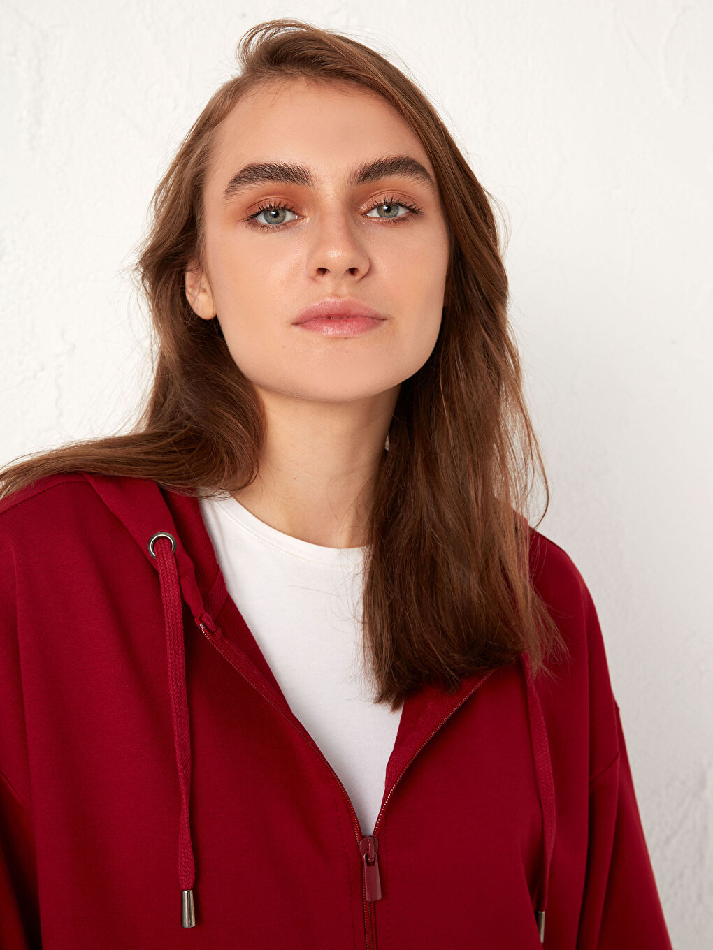 Bordo Kapüşonlu Fermuarlı Uzun Sweatshirt