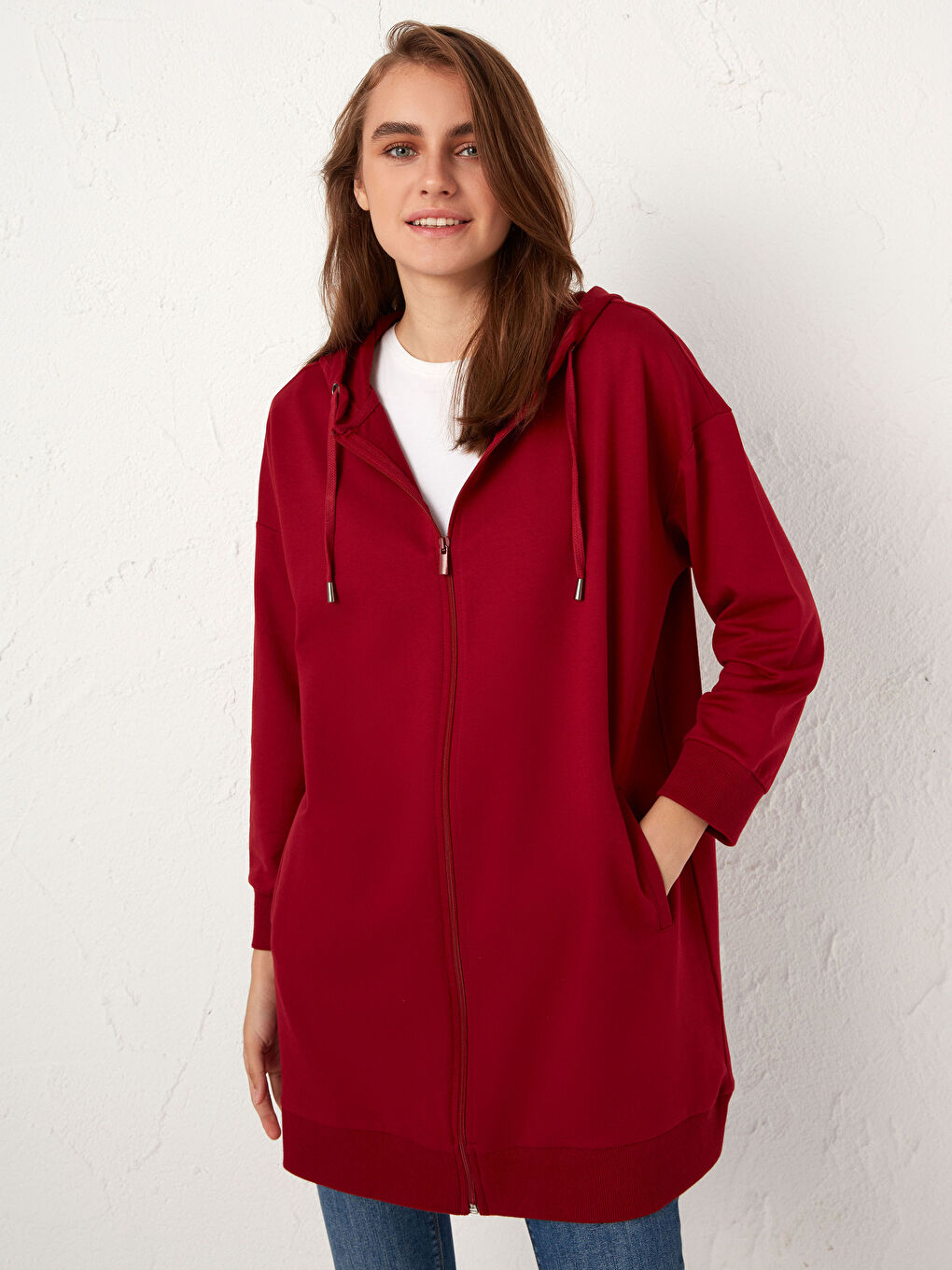 Bordo Kapüşonlu Fermuarlı Uzun Sweatshirt-2