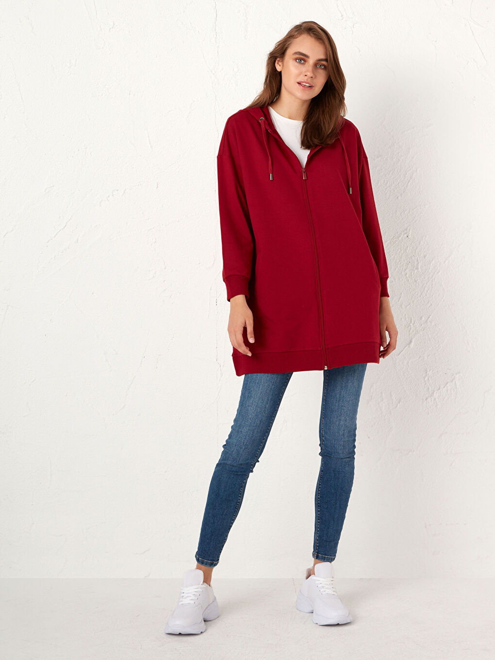Bordo Kapüşonlu Fermuarlı Uzun Sweatshirt-3