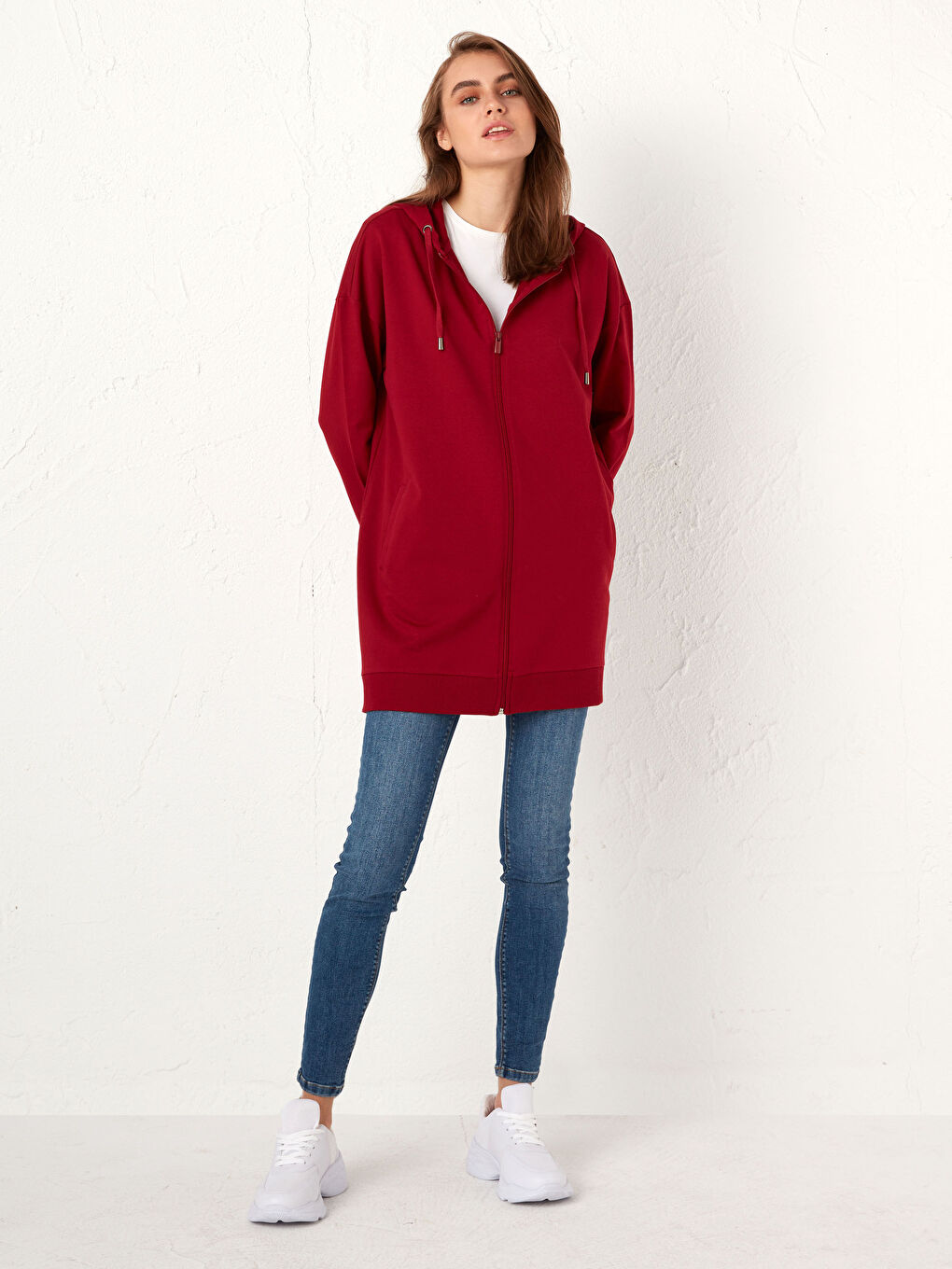 Bordo Kapüşonlu Fermuarlı Uzun Sweatshirt-4