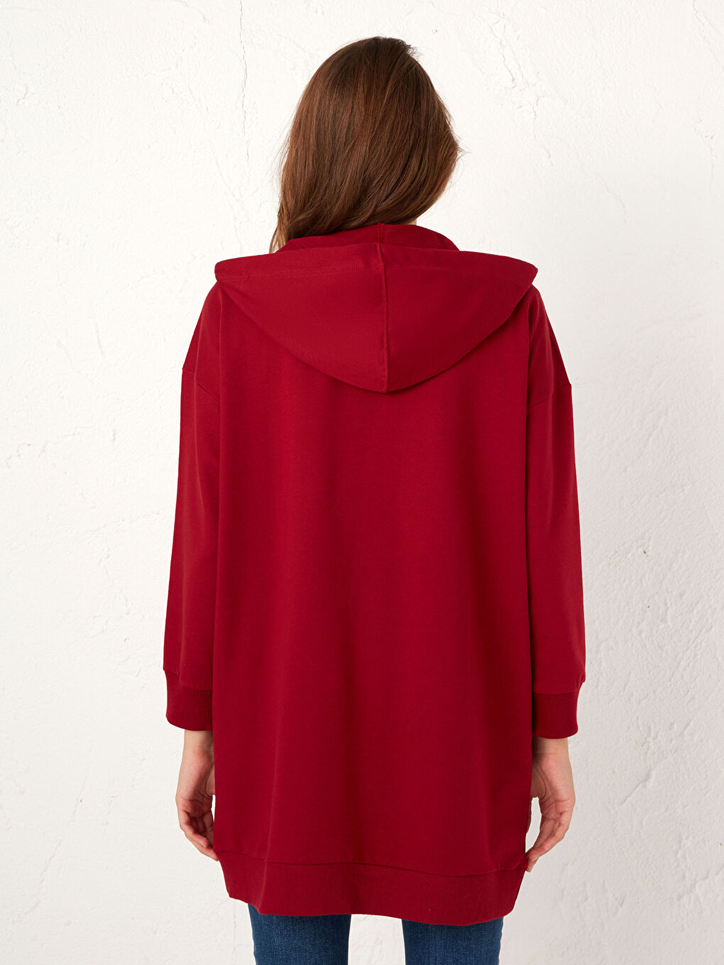 Bordo Kapüşonlu Fermuarlı Uzun Sweatshirt-5