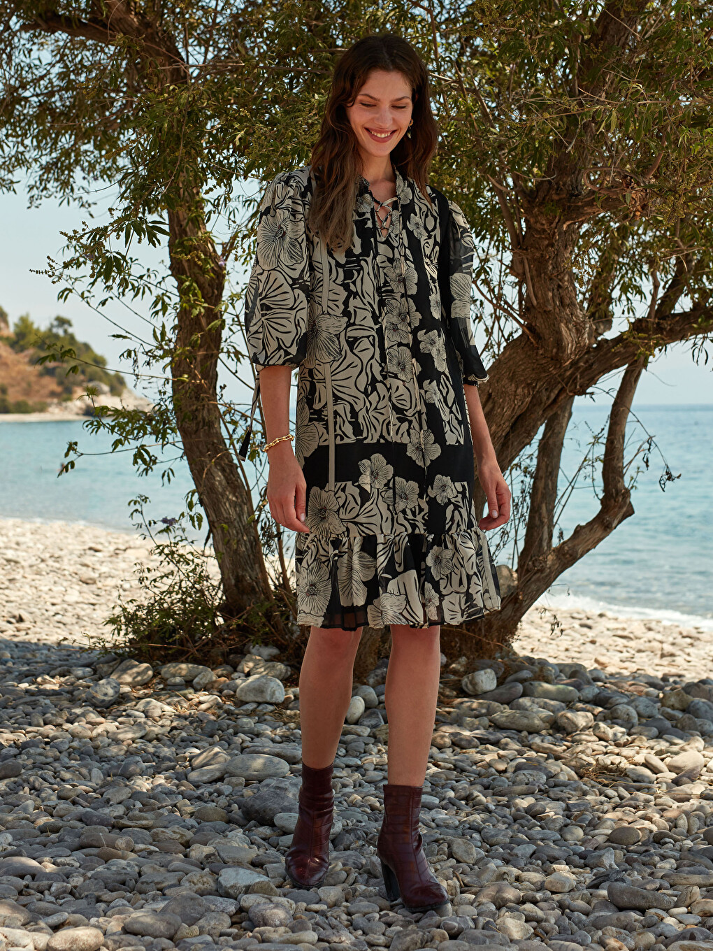 Tie Neck Patterned Women's Dress-1