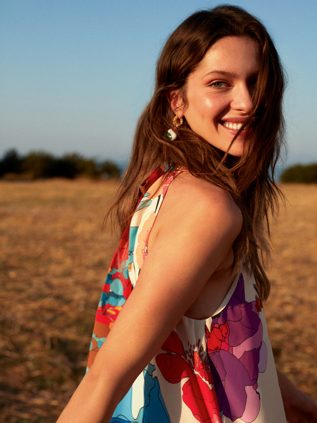 Ekru Halter Yaka Çiçekli Kadın Elbise-3