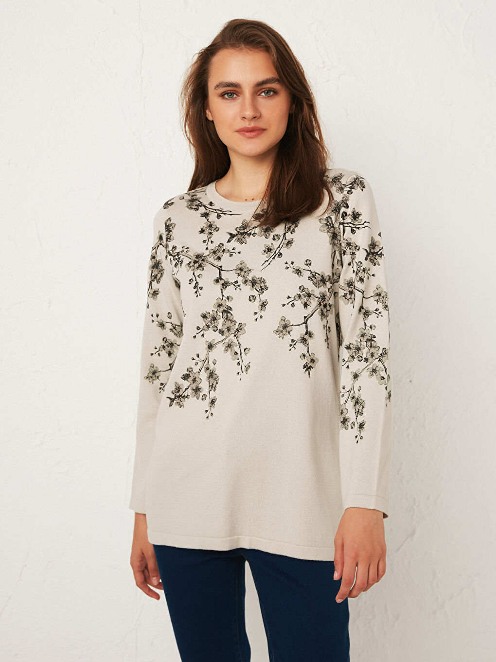 Bej Bisiklet Yaka Baskılı Uzun Kollu Kadın Triko Kazak-1