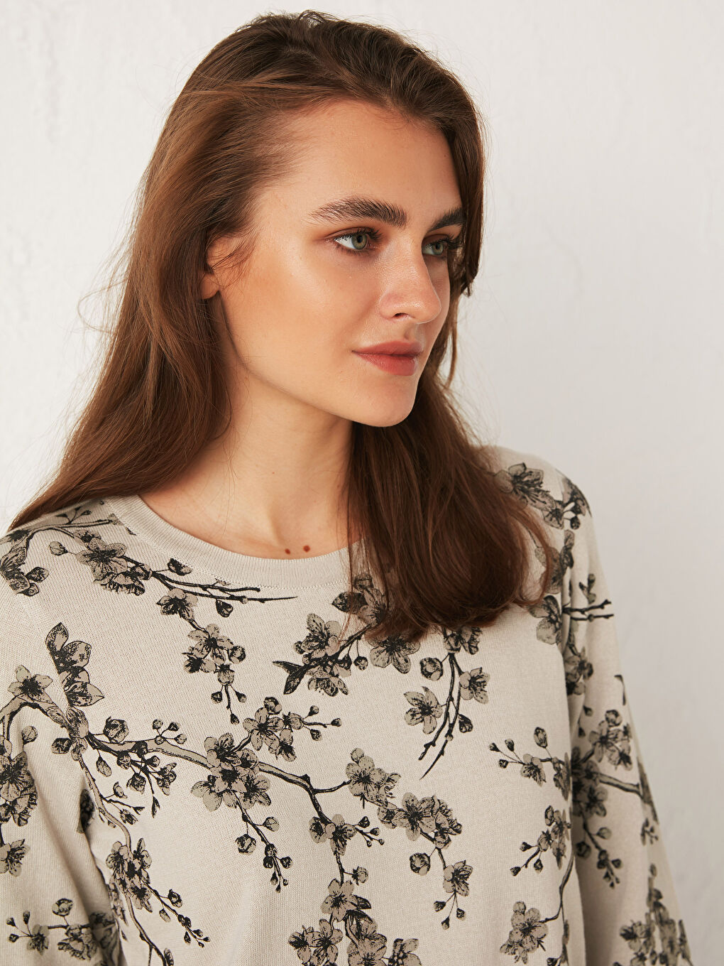 Bej Bisiklet Yaka Baskılı Uzun Kollu Kadın Triko Kazak-3