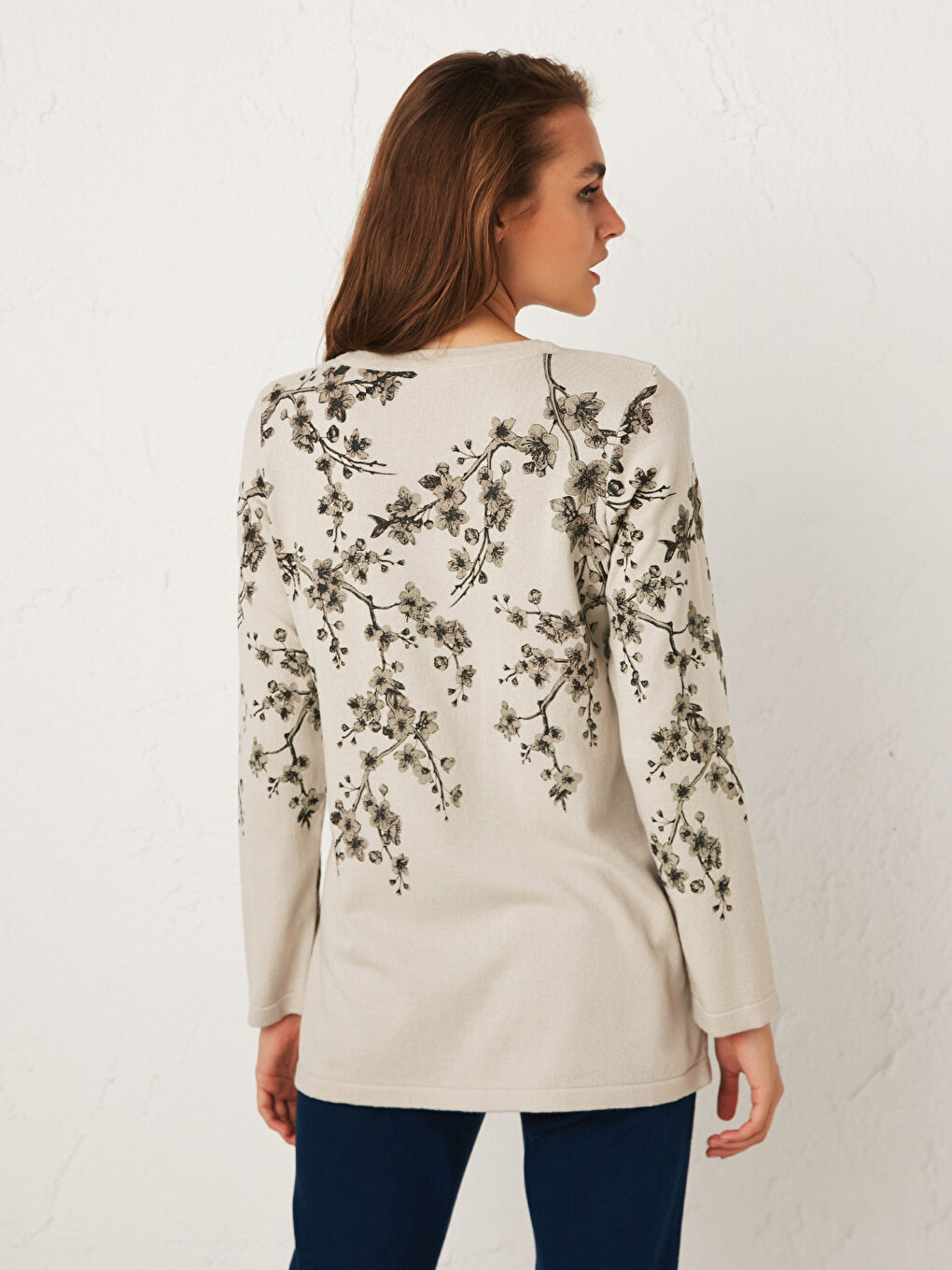 Bej Bisiklet Yaka Baskılı Uzun Kollu Kadın Triko Kazak-4