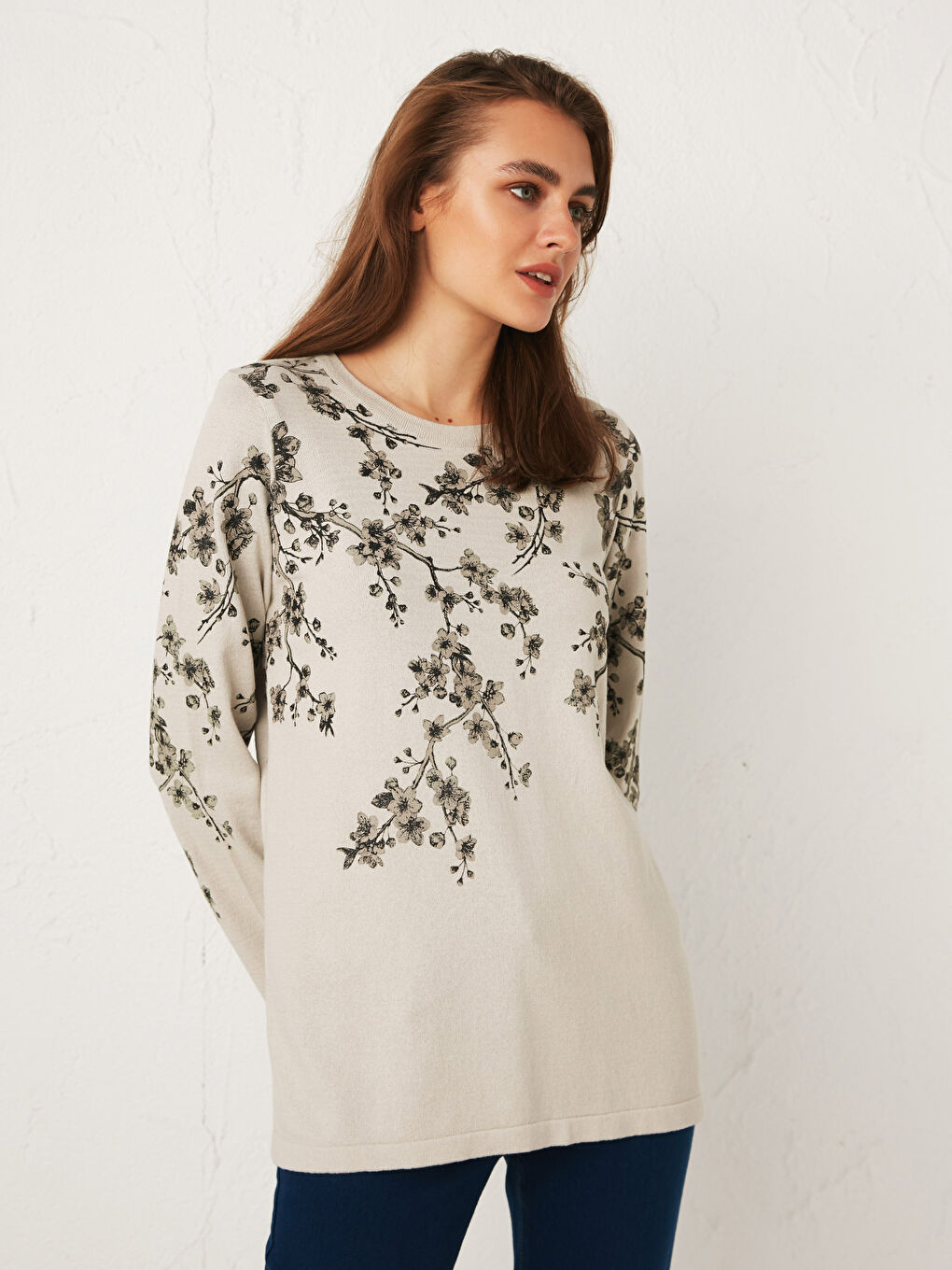 Bej Bisiklet Yaka Baskılı Uzun Kollu Kadın Triko Kazak