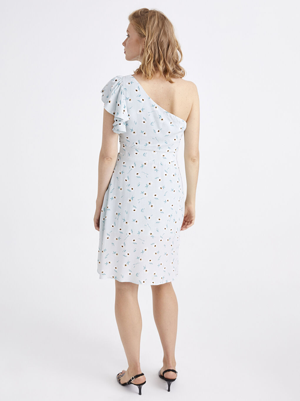 Mavi Tek Omuz Fırfır Detaylı Çiçek Desenli Elbise-4