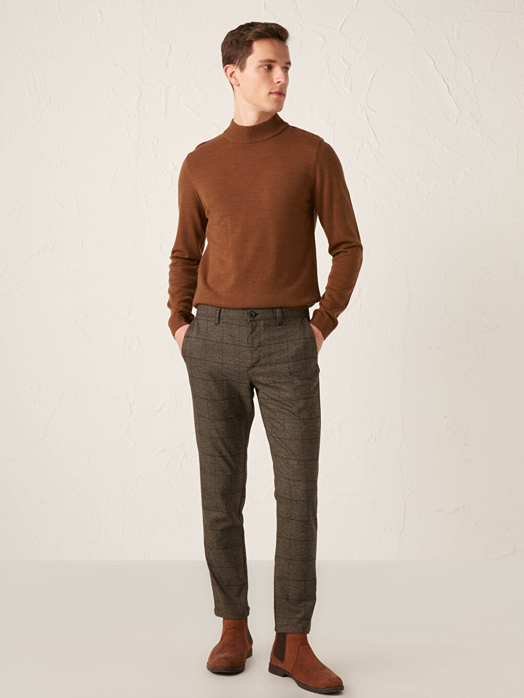 Kahverengi Slim Fit Ekose Pantolon