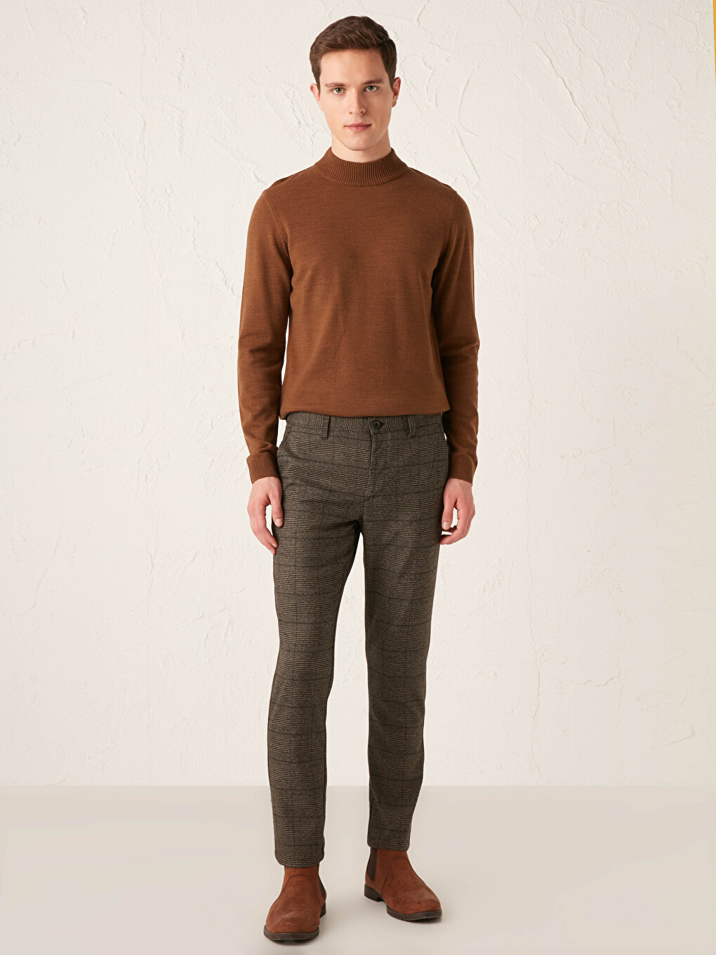 Kahverengi Slim Fit Ekose Pantolon-1