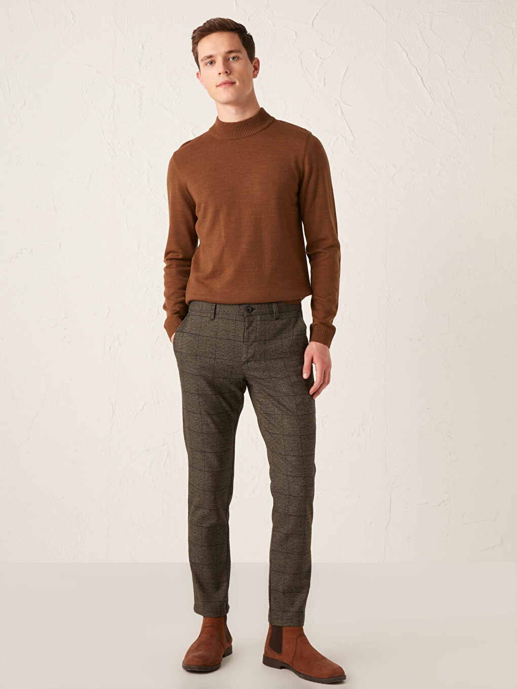 Kahverengi Slim Fit Ekose Pantolon-2