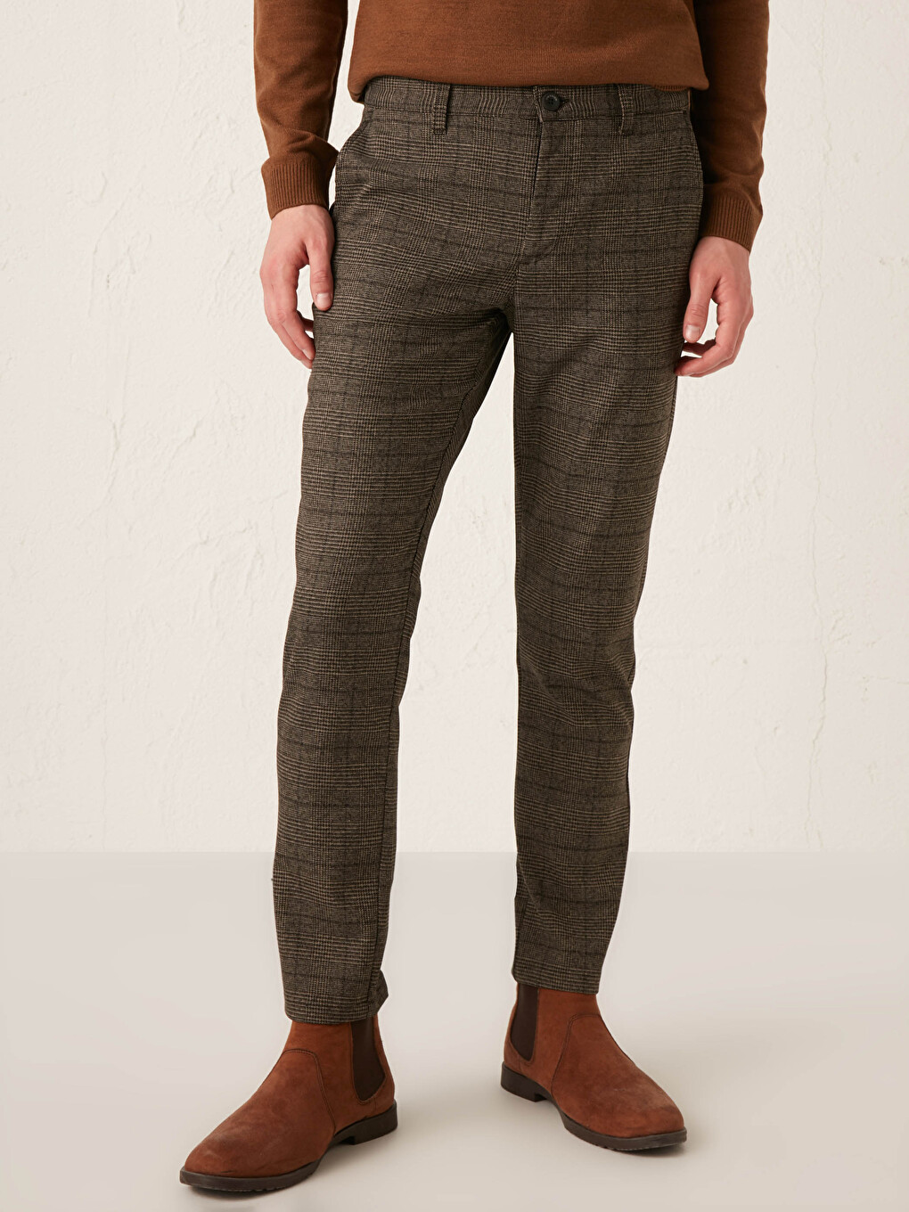 Kahverengi Slim Fit Ekose Pantolon-3