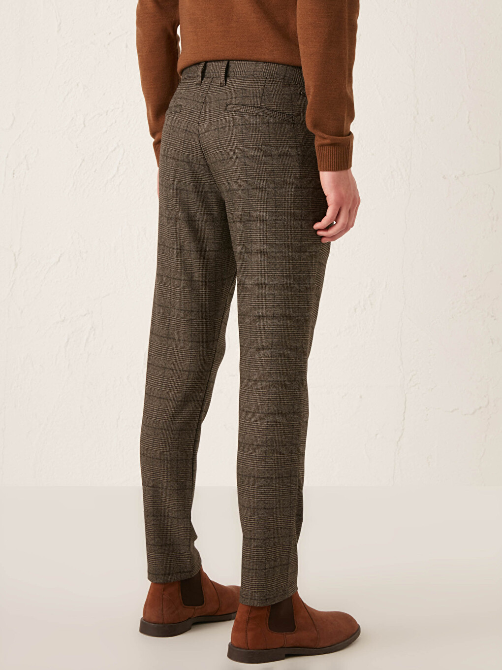 Kahverengi Slim Fit Ekose Pantolon-4