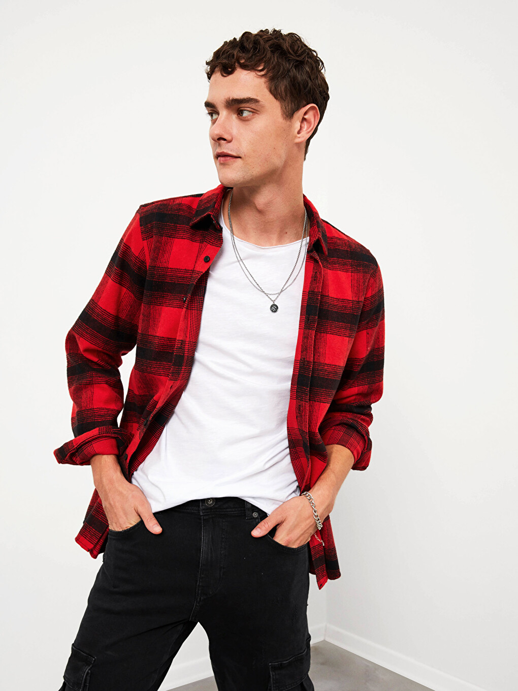 Kırmızı Slim Fit Uzun Kollu Ekose Erkek Oduncu Gömlek-3