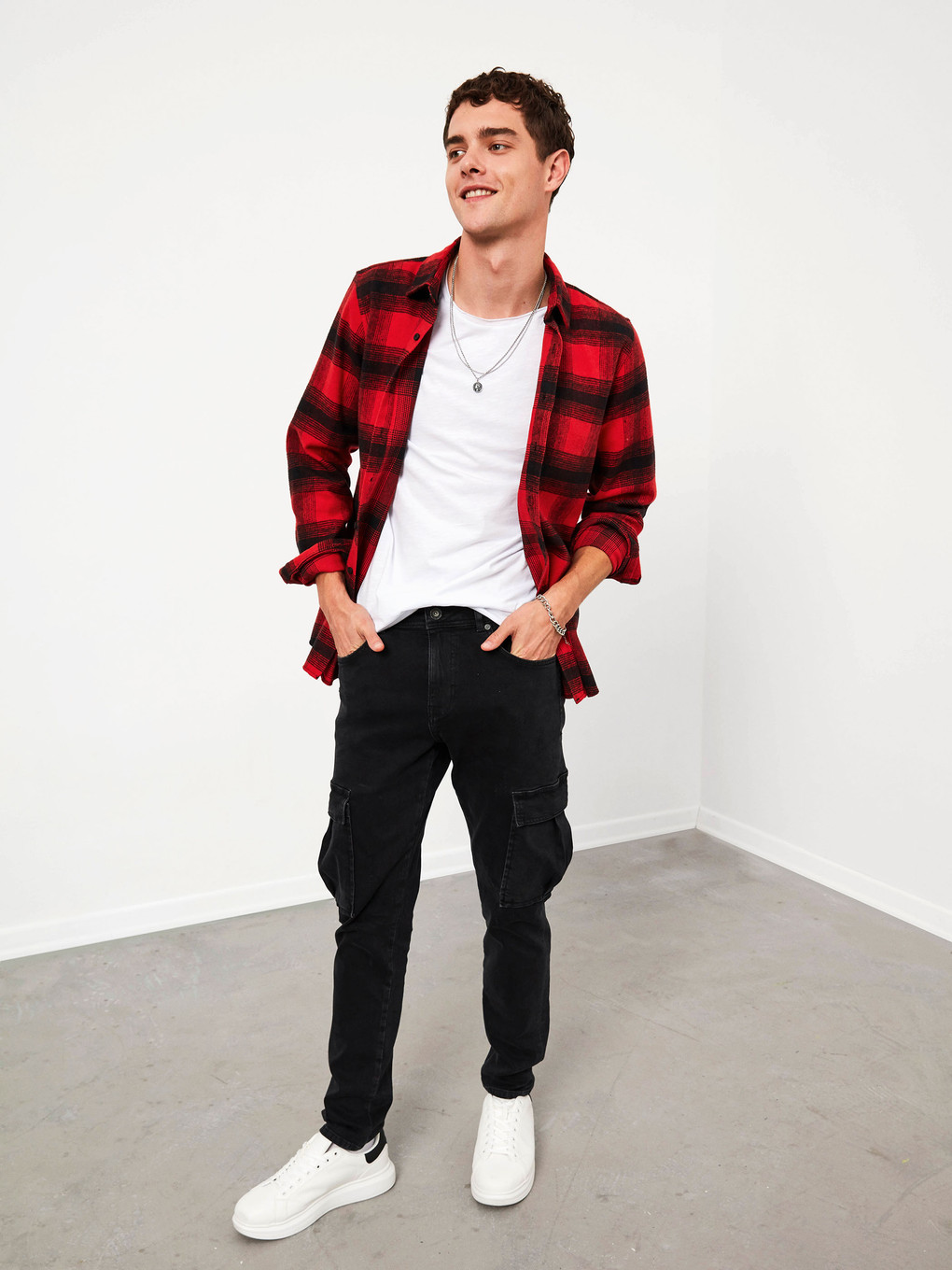 Kırmızı Slim Fit Uzun Kollu Ekose Erkek Oduncu Gömlek-5