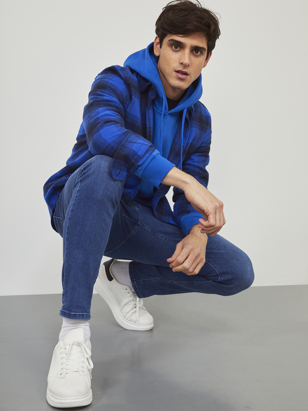 Mavi Slim Fit Uzun Kollu Ekose Erkek Oduncu Gömlek-1