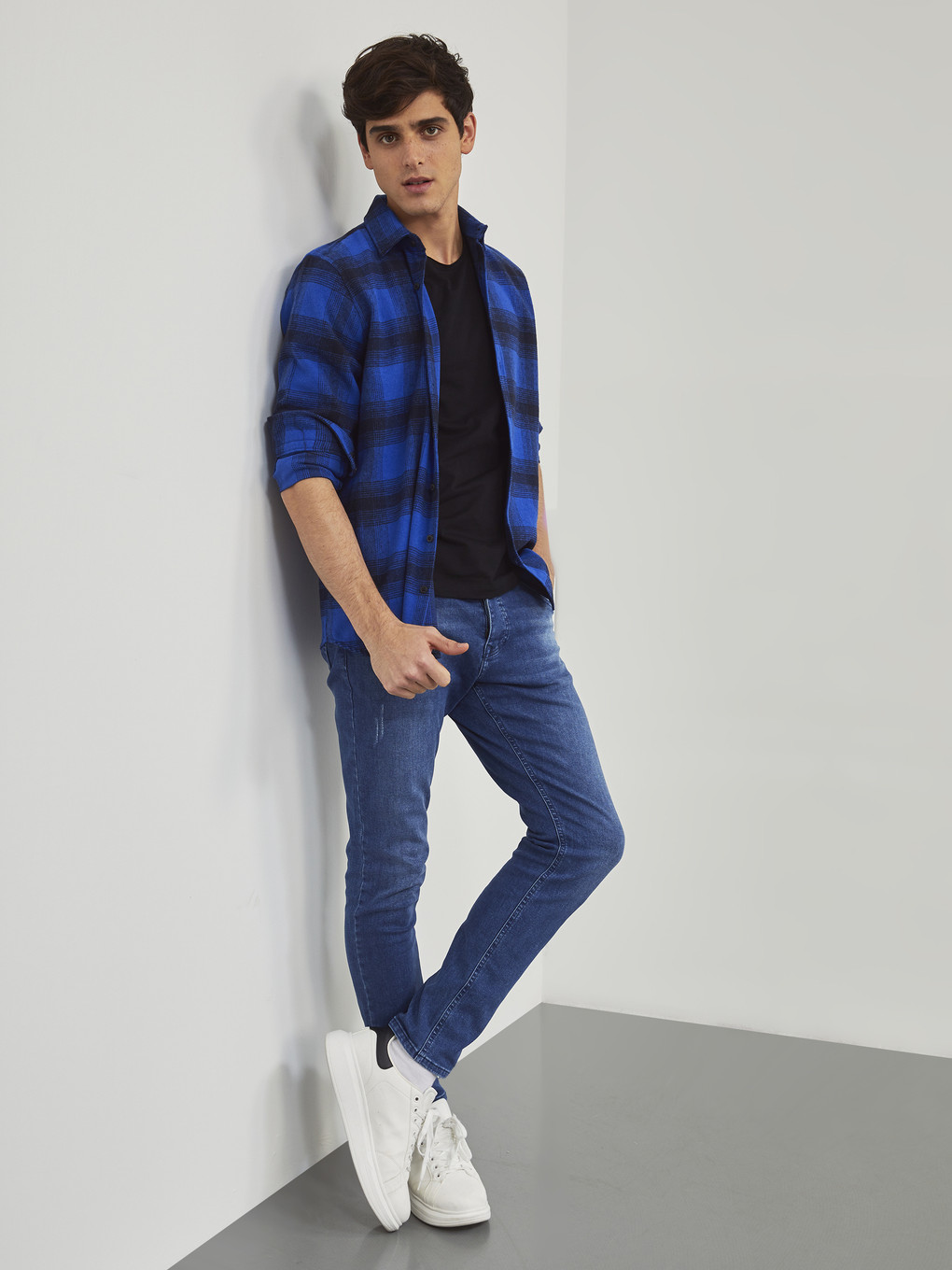 Mavi Slim Fit Uzun Kollu Ekose Erkek Oduncu Gömlek-4