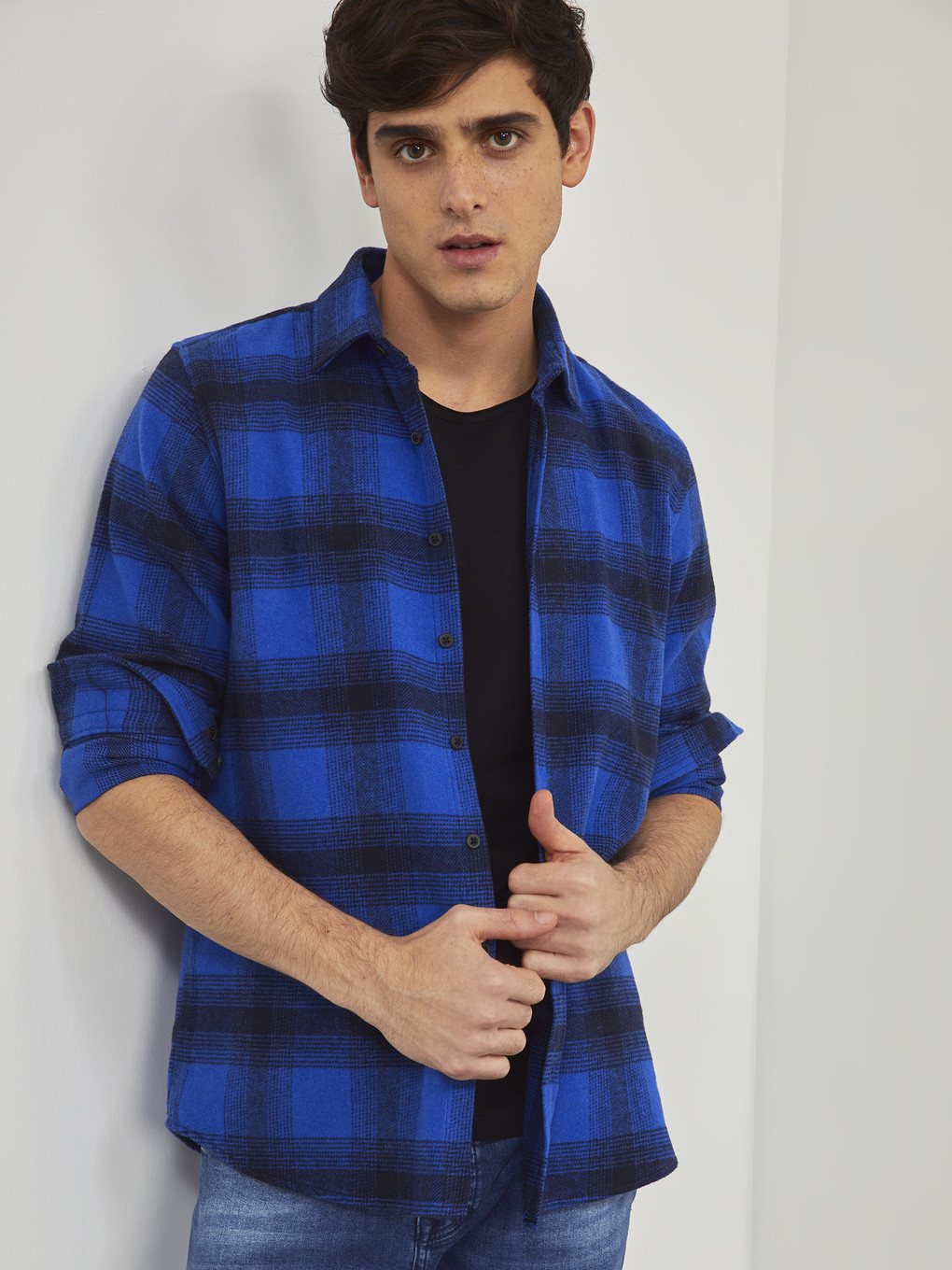 Mavi Slim Fit Uzun Kollu Ekose Erkek Oduncu Gömlek-6
