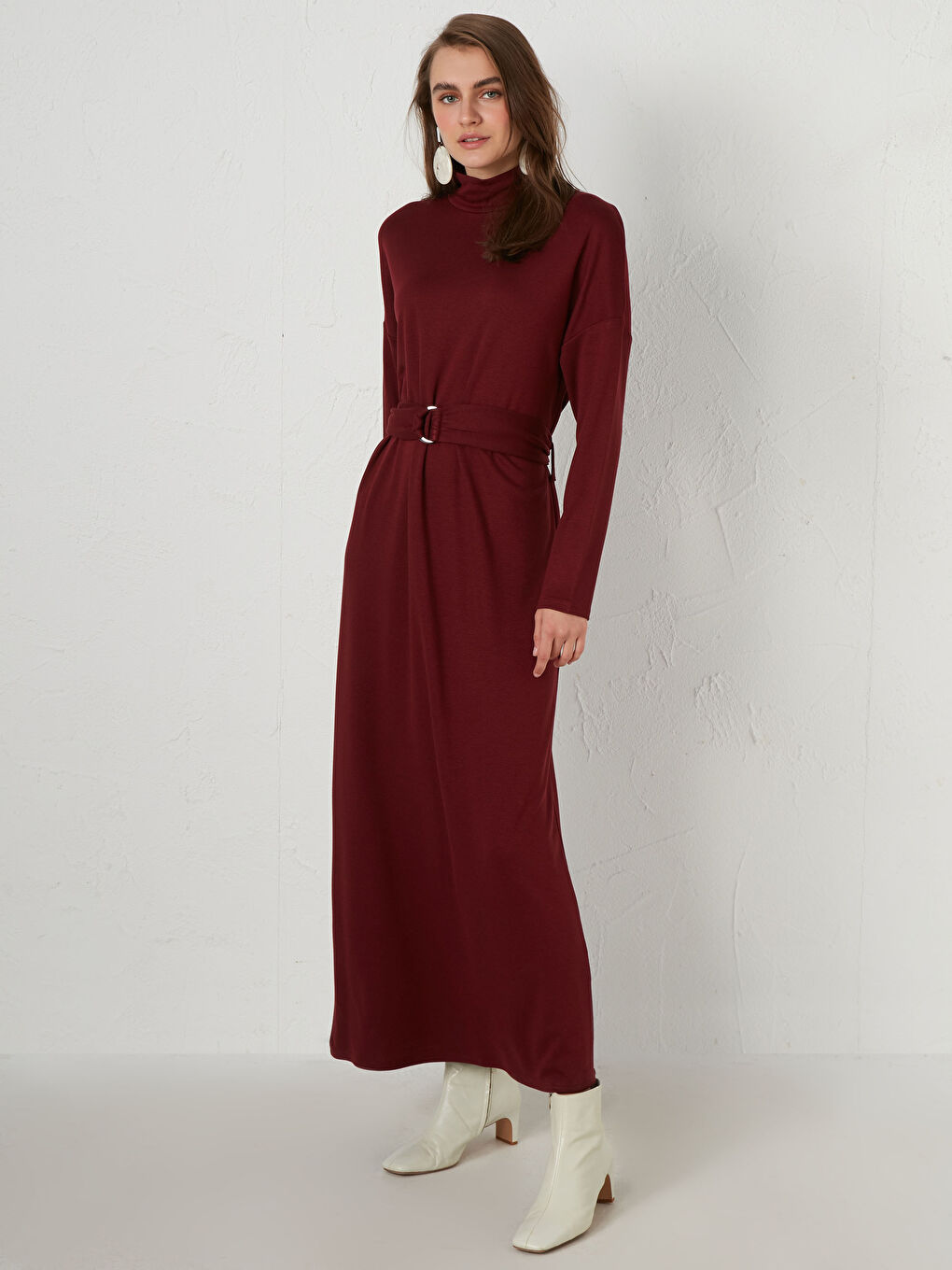 Bordo Yarım Balıkçı Yaka Uzun Kollu Kadın Elbise