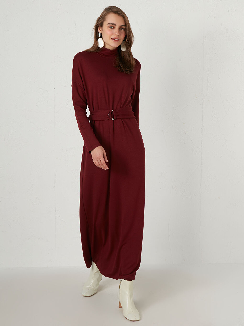Bordo Yarım Balıkçı Yaka Uzun Kollu Kadın Elbise-1