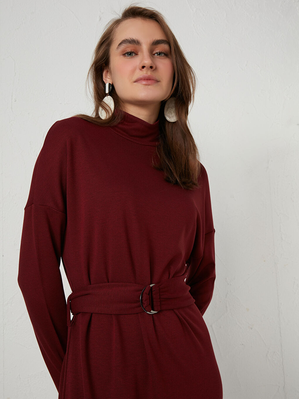 Bordo Yarım Balıkçı Yaka Uzun Kollu Kadın Elbise-2