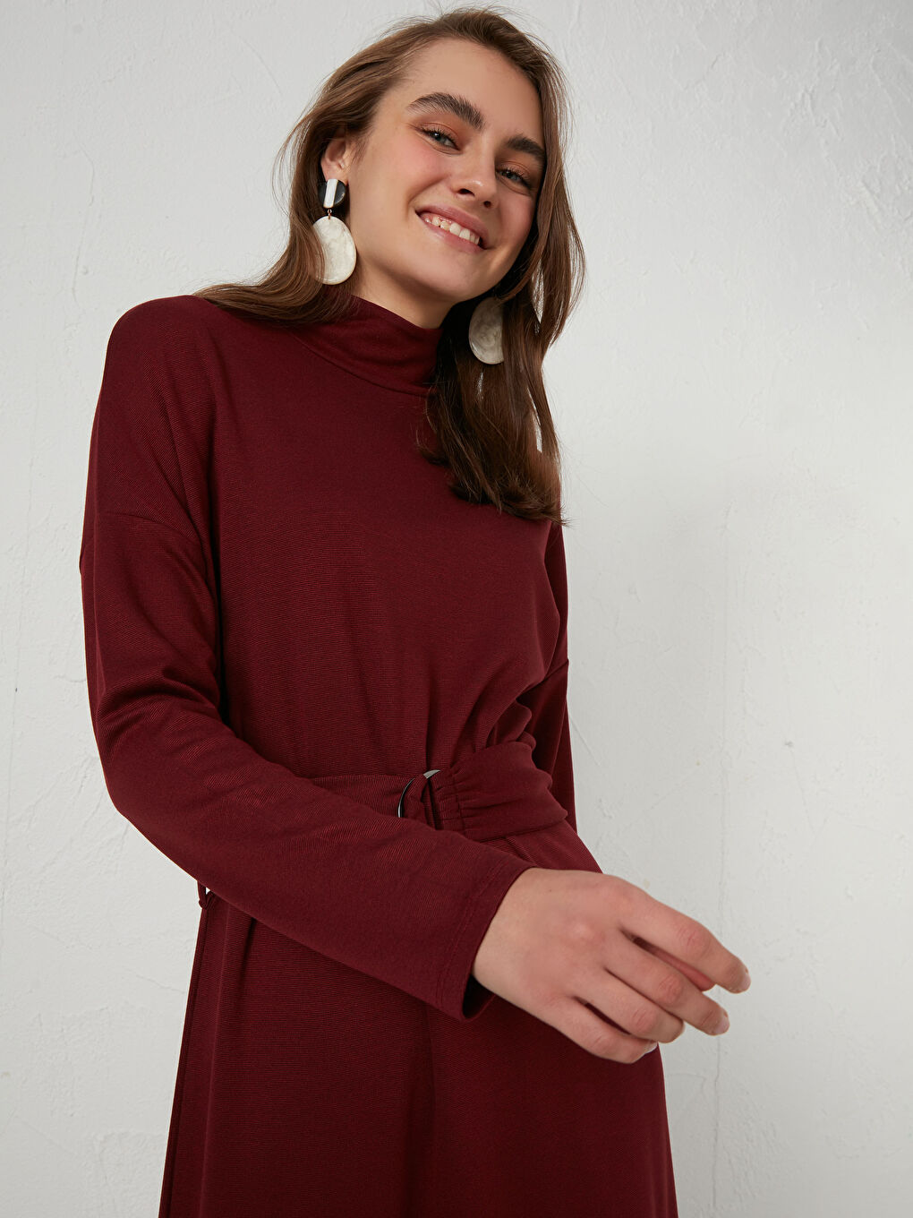 Bordo Yarım Balıkçı Yaka Uzun Kollu Kadın Elbise-3