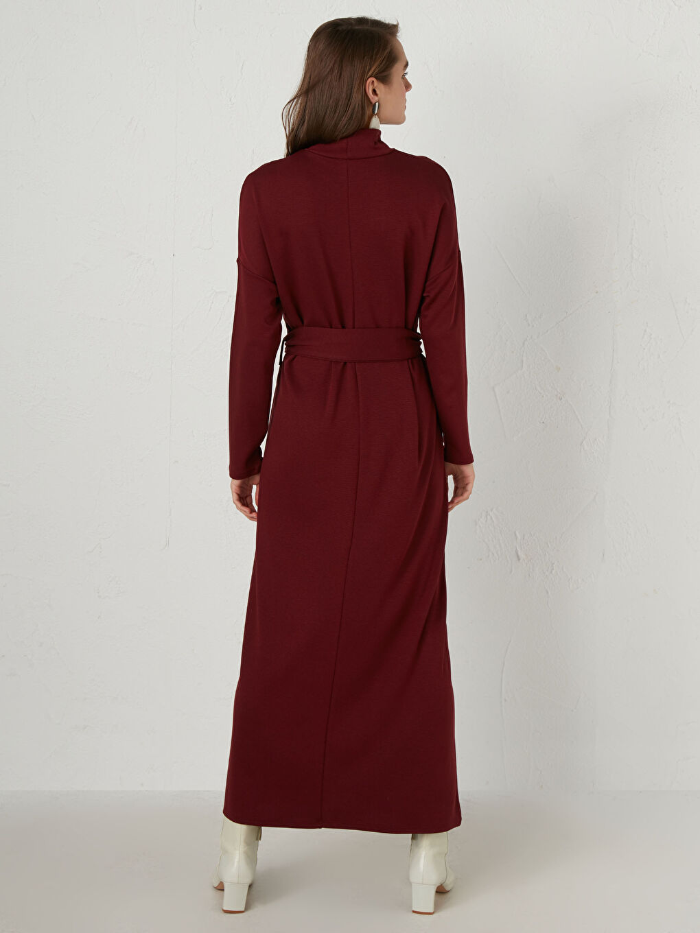 Bordo Yarım Balıkçı Yaka Uzun Kollu Kadın Elbise-4