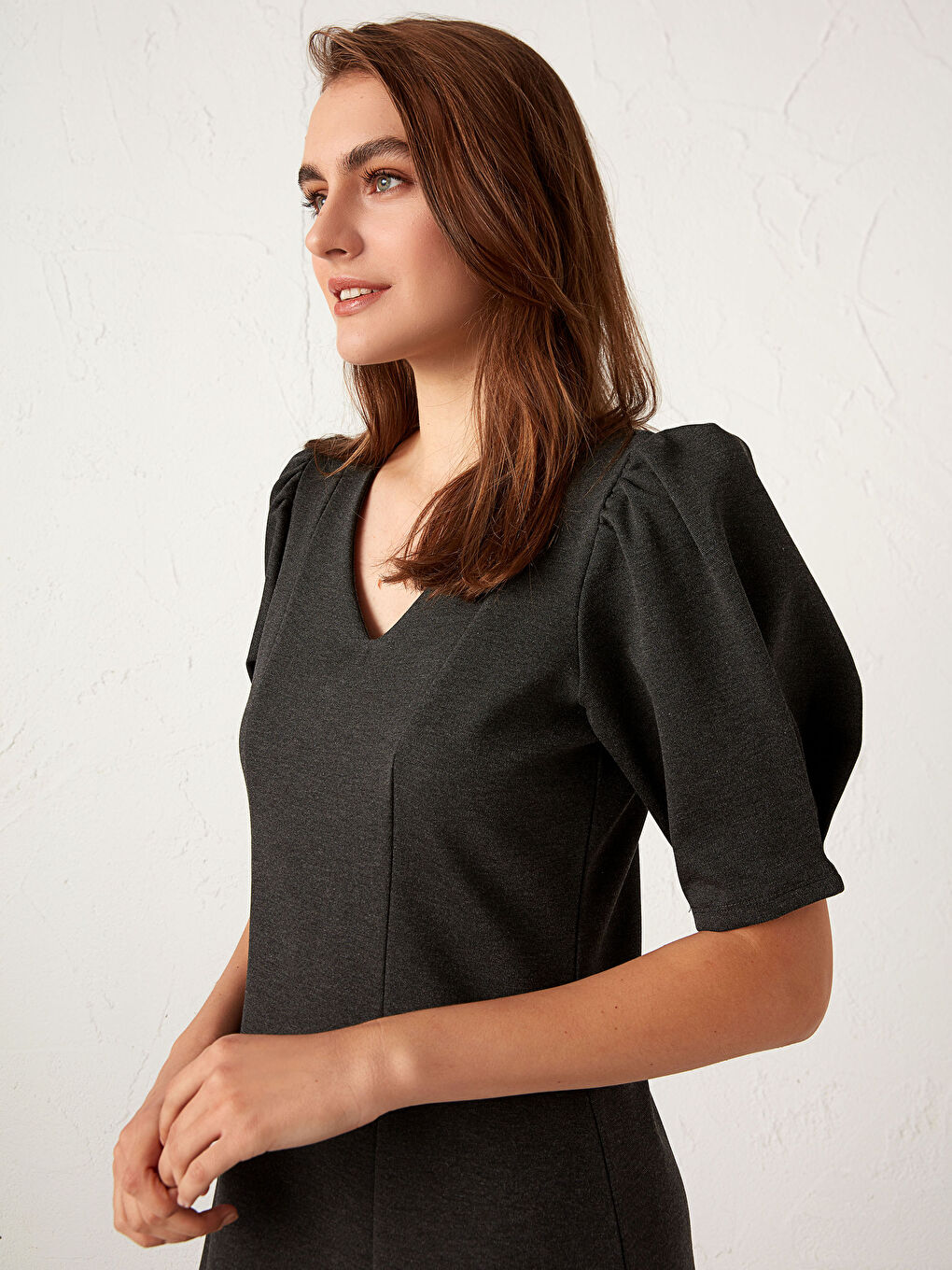 Thinning Effect Balloon Sleeve Viscose Dress-4