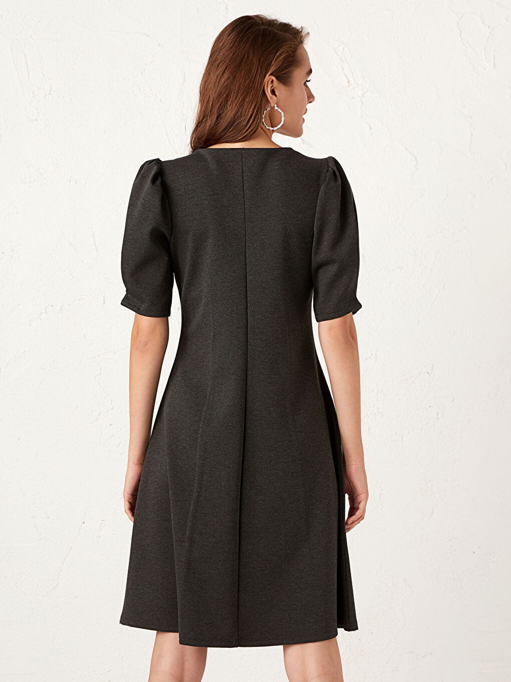 Thinning Effect Balloon Sleeve Viscose Dress-5