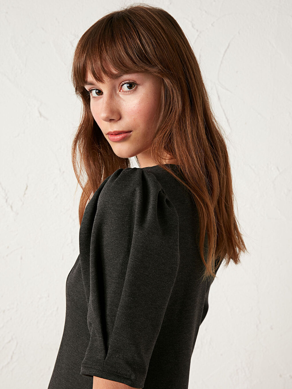 Thinning Effect Balloon Sleeve Viscose Dress