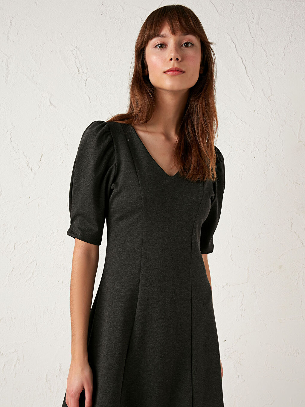 Thinning Effect Balloon Sleeve Viscose Dress-1