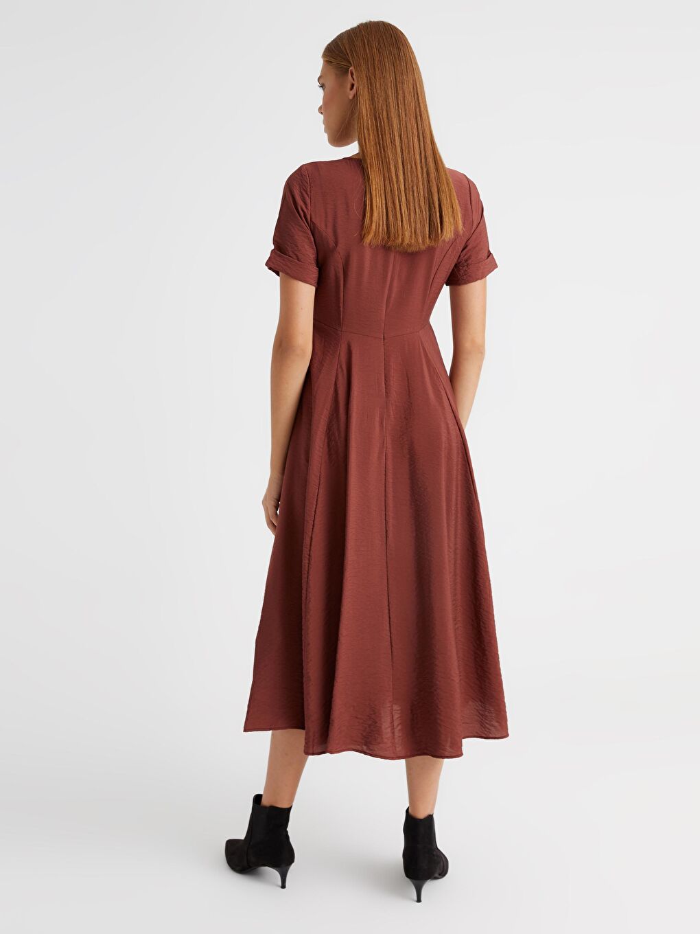 Kahverengi Yaka Detaylı A Kesim Elbise-4