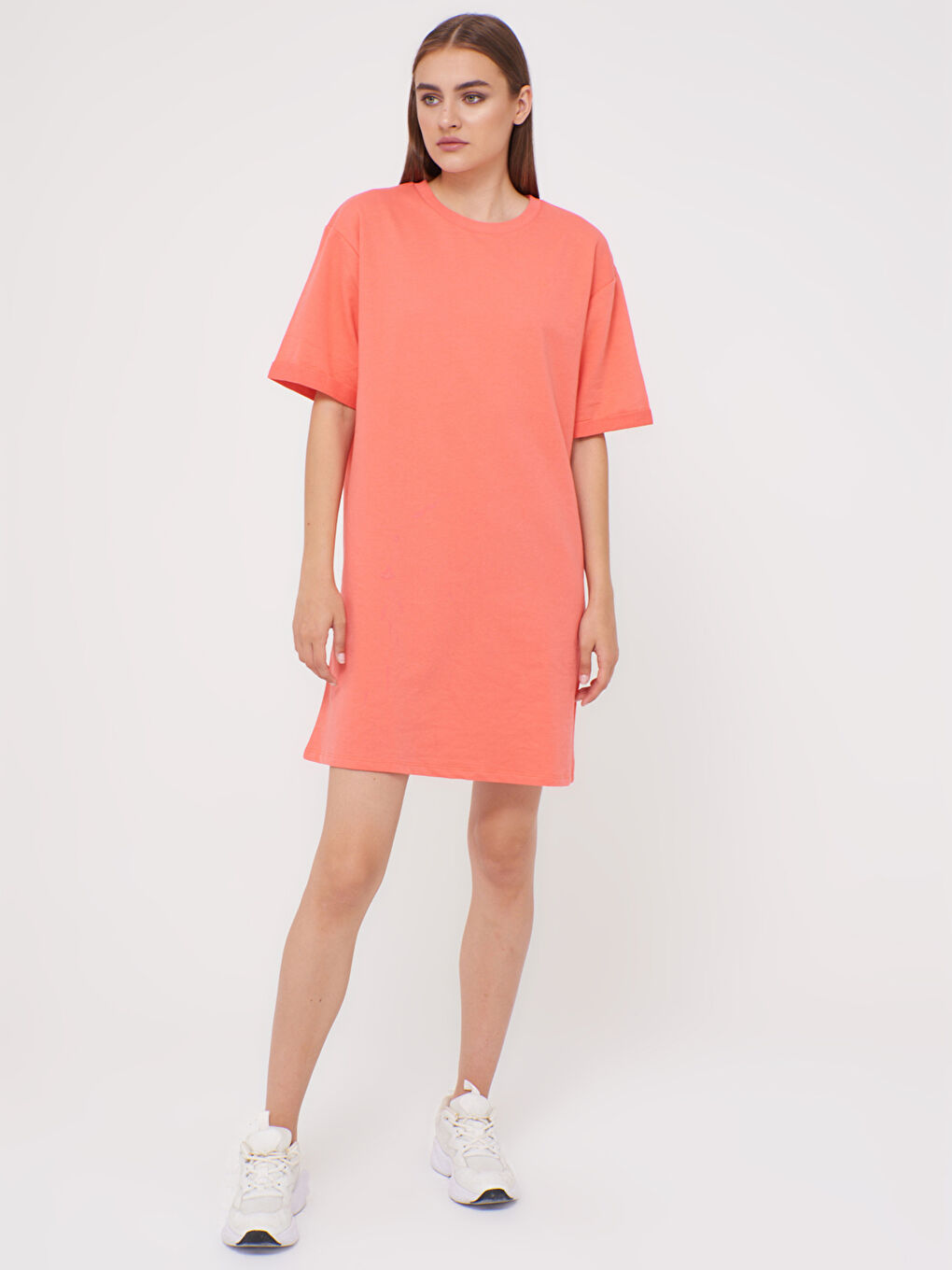 Robe Femme à Col Rond Unie à Manches Courtes-1