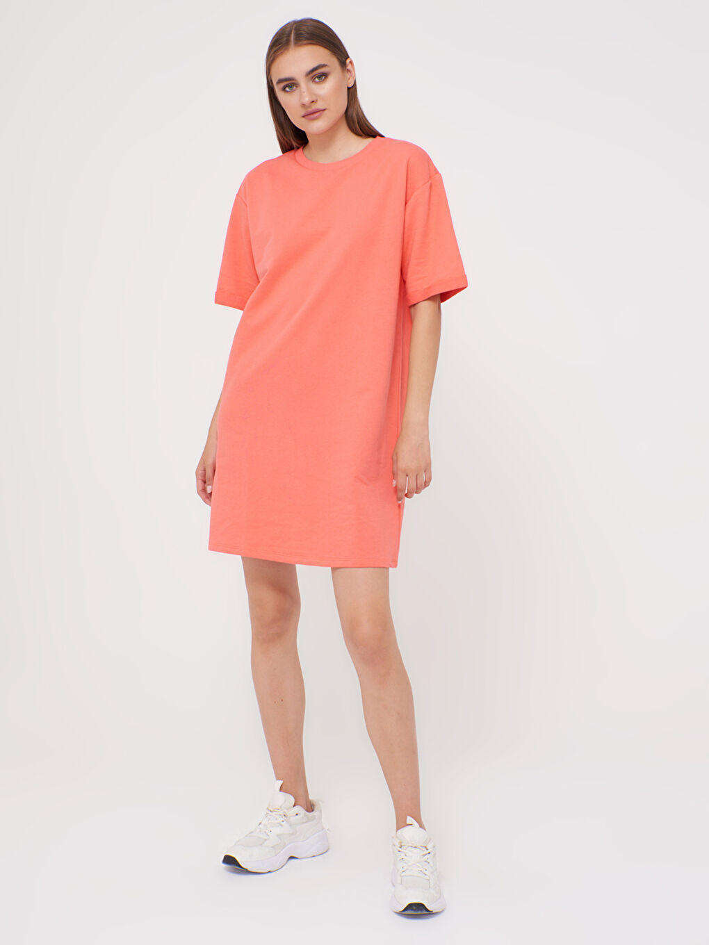 Robe Femme à Col Rond Unie à Manches Courtes-2