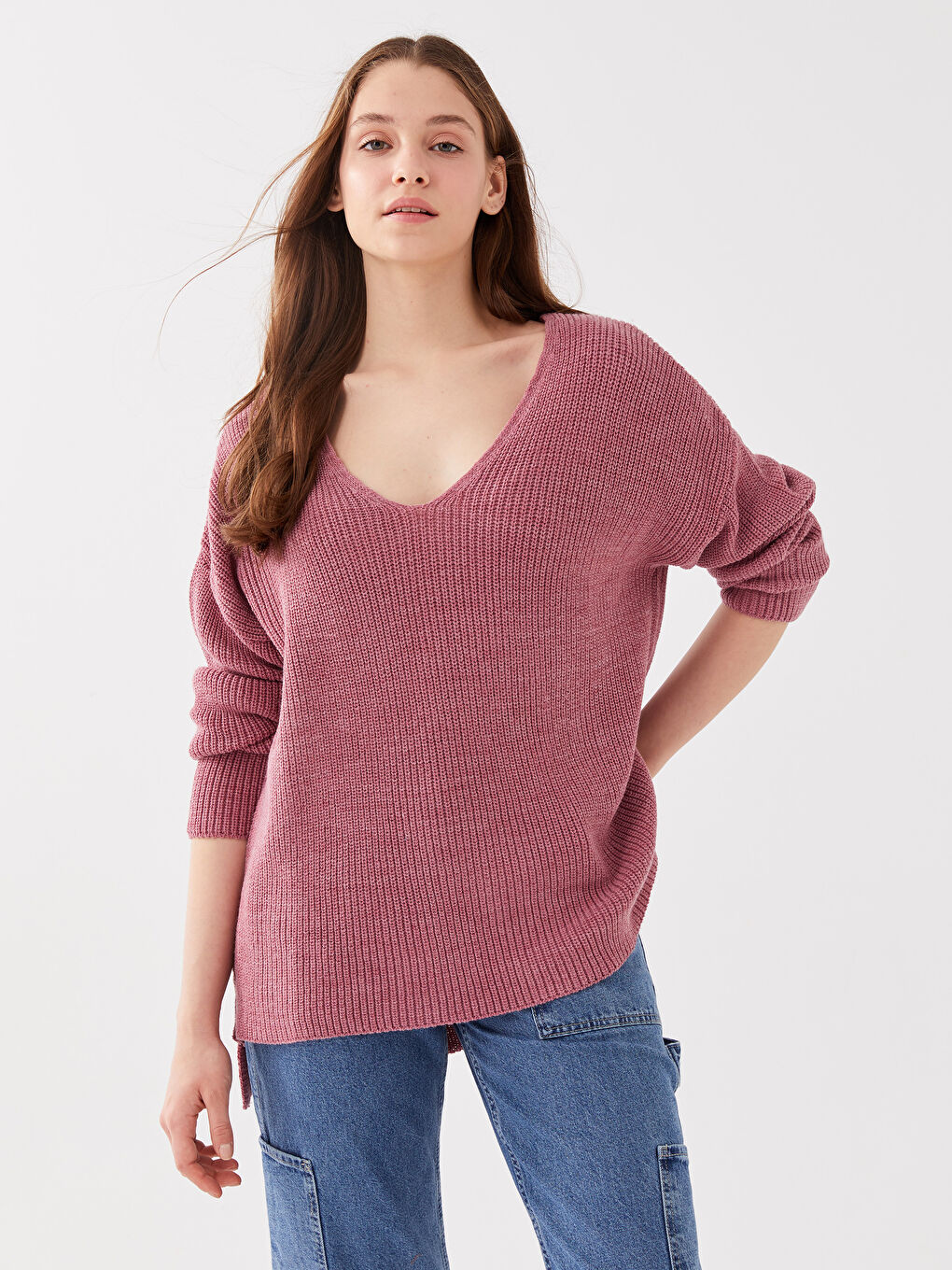 Свитер из трикотажа с V-образным вырезом, оверсайз, для женщин-1