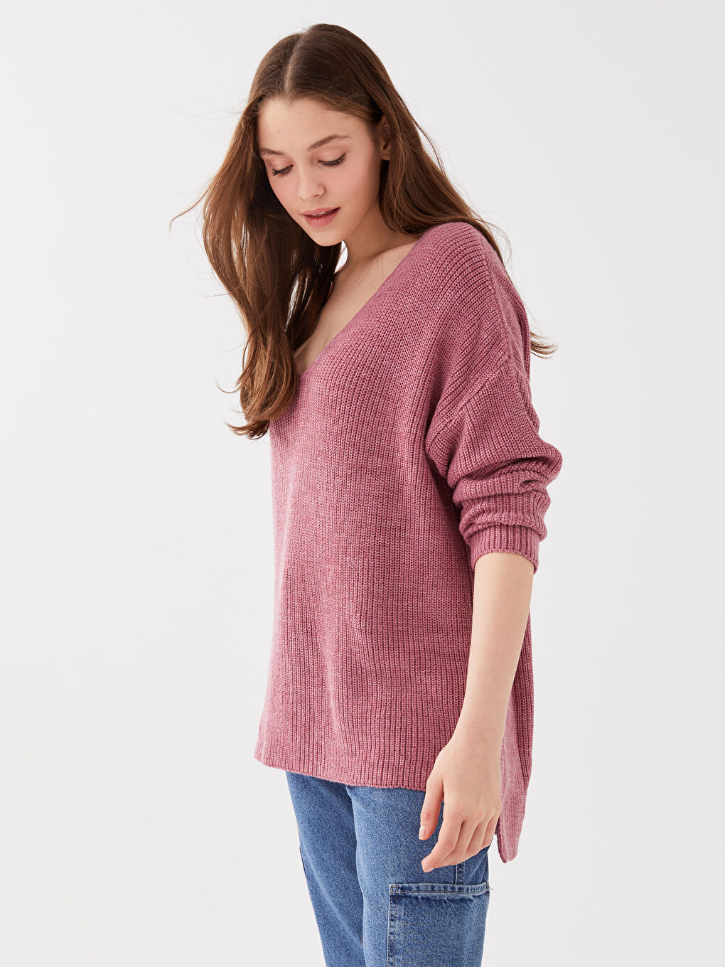 Свитер из трикотажа с V-образным вырезом, оверсайз, для женщин-3