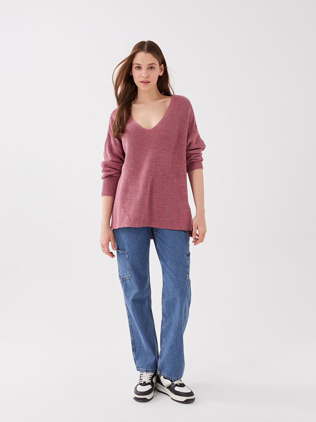 Свитер из трикотажа с V-образным вырезом, оверсайз, для женщин-5