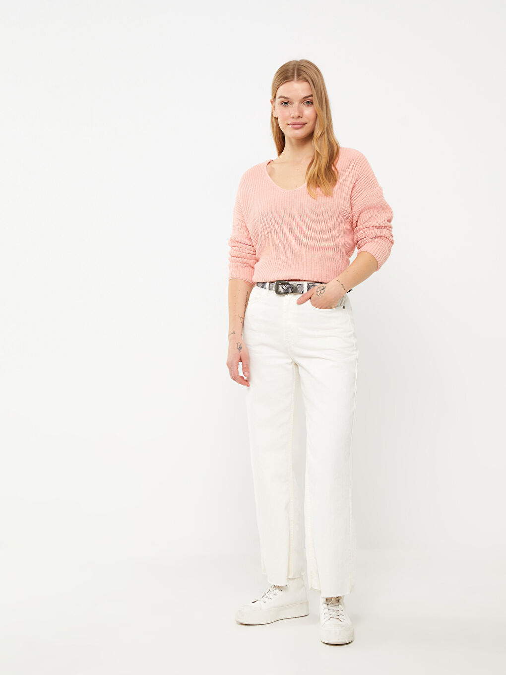 Свитер из трикотажа с V-образным вырезом, оверсайз, для женщин-4