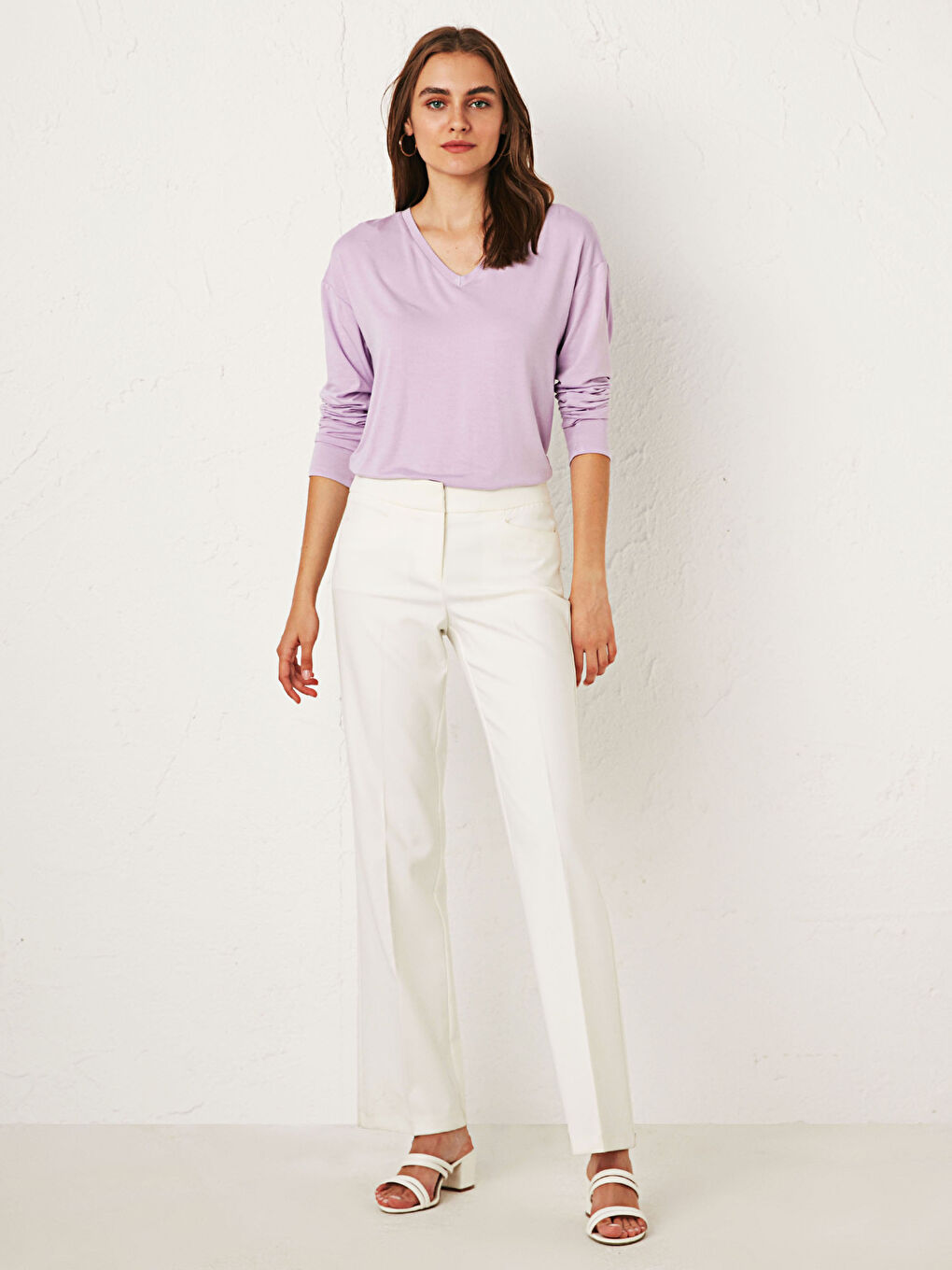 Lila V Yaka Uzun Kollu Kadın Tişört-3