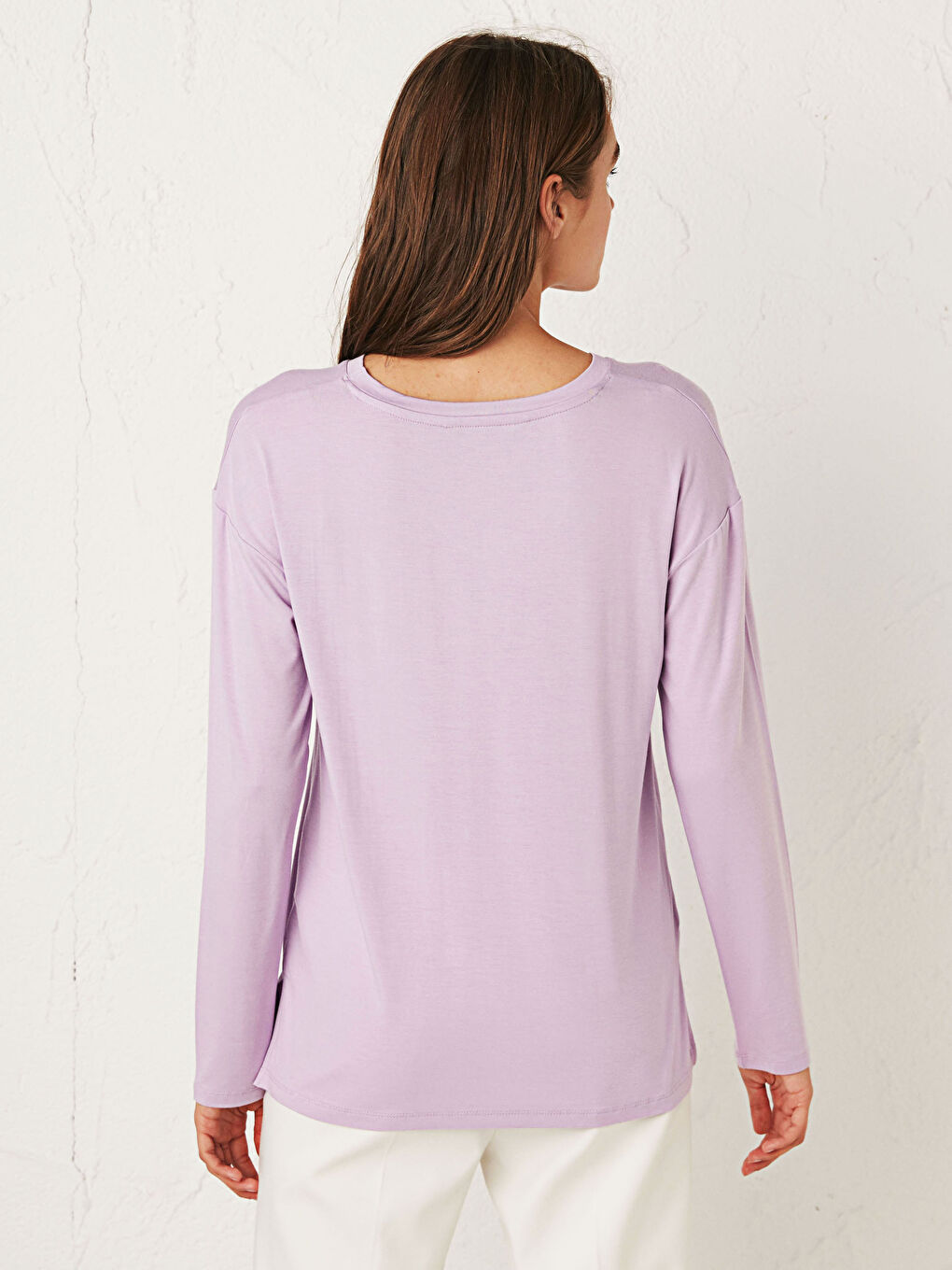 Lila V Yaka Uzun Kollu Kadın Tişört-4