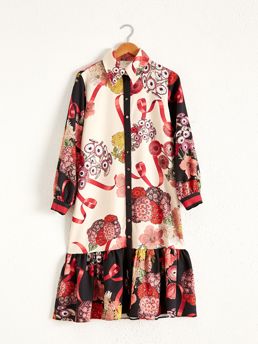 Ekru Çiçekli Kadın Gömlek Elbise-4