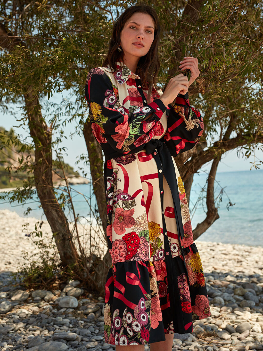 Ekru Çiçekli Kadın Gömlek Elbise-1