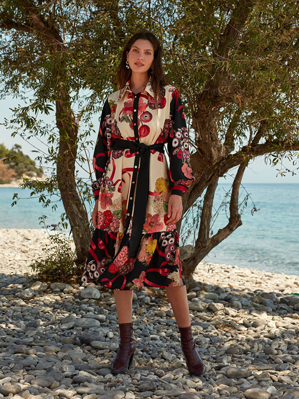 Ekru Çiçekli Kadın Gömlek Elbise-2