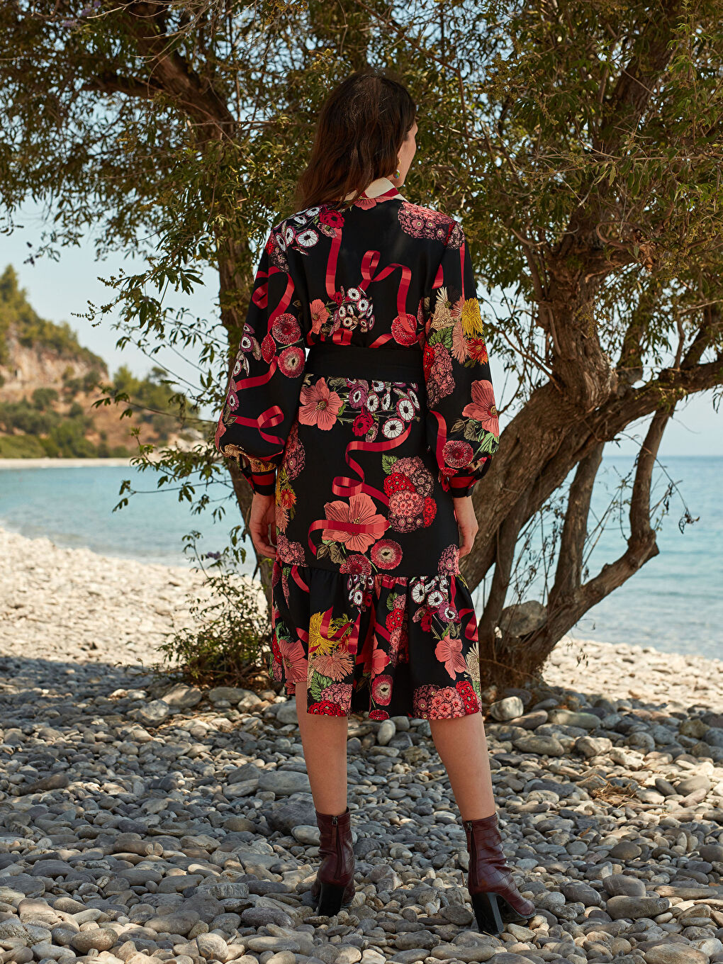 Ekru Çiçekli Kadın Gömlek Elbise-3